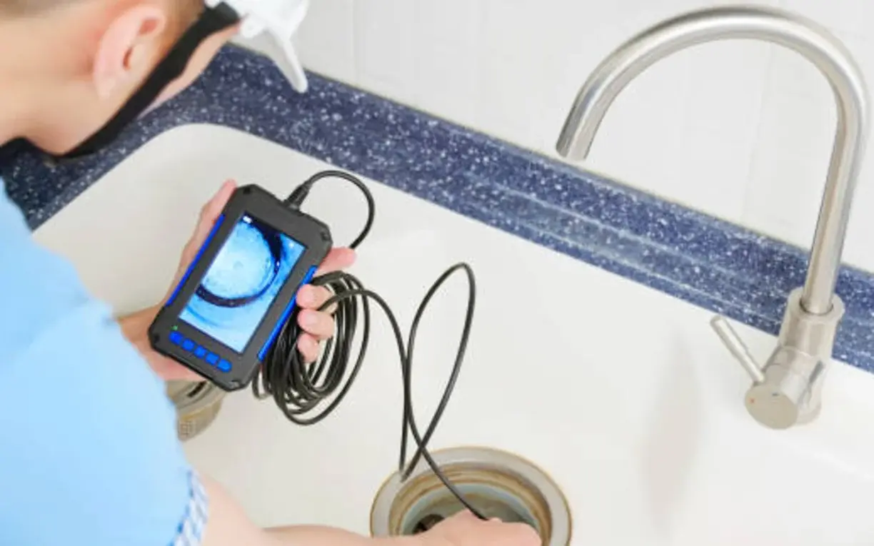 Technician feeding a drain camera into a kitchen sink while watching the live pipe view